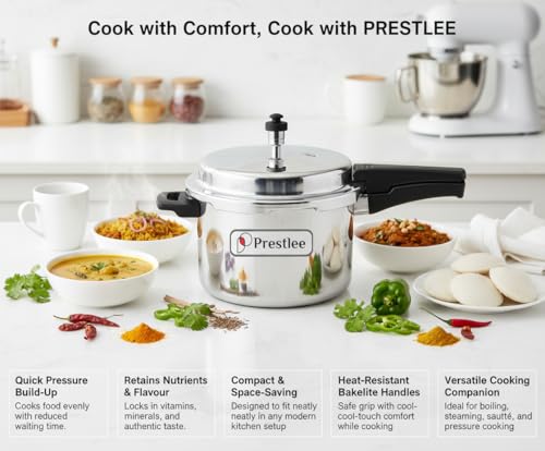 Image of Prestlee Aluminium 5 Litres Pressure Cooker | Outer Lid | Faster & Healthy Cooking | Gas Stove Compatible | ISI Certified | 5 Years Manufacturer's Warranty | Silver