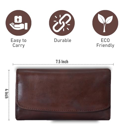 Genuine Leather Wallets for Women 2024 RFID Blocking Ladies Large Trifold Slim Clutch Brown Wallet for Women - 13 Card Slots, 4 Cash Slots - Fits iPhone 142