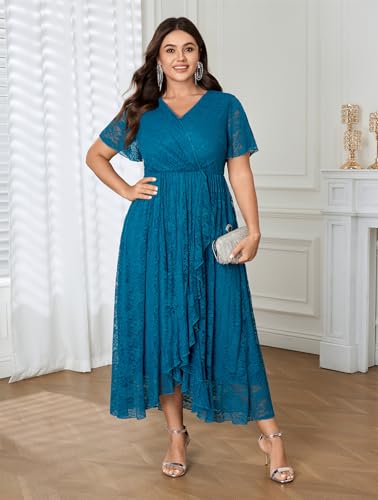 Image of SCOMCHIC Womens Plus Size Wedding Guest Dress Formal Lace Wrap V Neck High Low Short Sleeve Cocktail Maxi Dresses XL-4XL