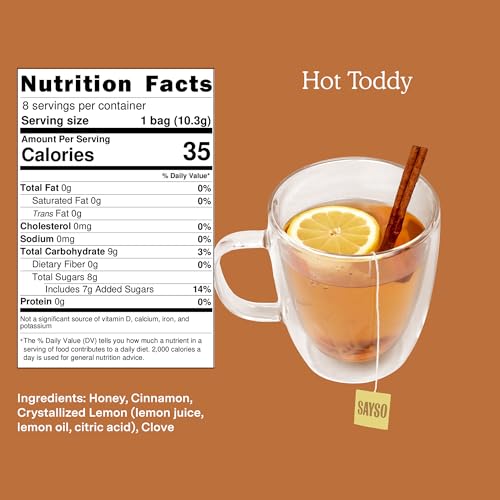 Image of SAYSO Hot Toddy Cocktail Tea Bags - Infuses with Cold Water, Premium Craft with Honey, Cinnamon, Crystallized Lemon & Clove | Organic, Certified Gluten-free, Non-GMO| 35 calories, 8g sugar - 8 count