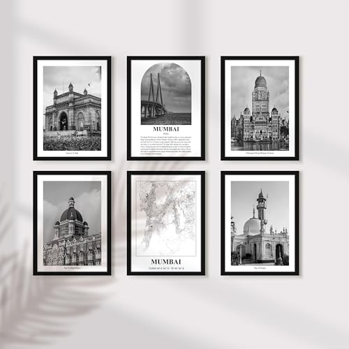 Image of PAINTINGMANTRA Framed Painting A3 Mumbai Wall Art Prints Pack of 6,Heritage Landmark, Gateway of India, Bollywood Cityscapes, Photos for Living Room,Bedroom, Office Decoration (32x44 cm)