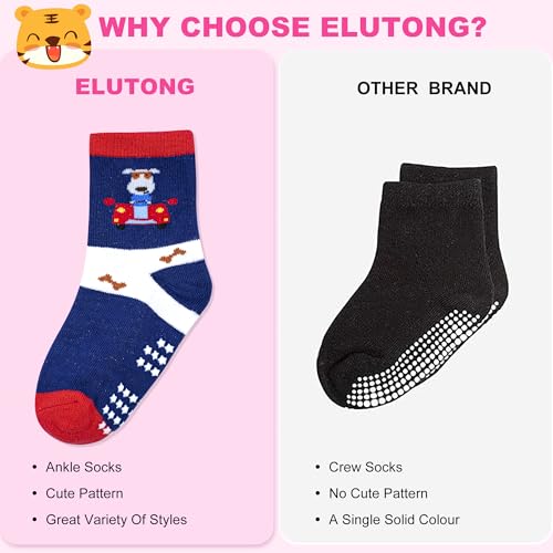 ELUTONG Toddler Socks with Grips Anti Slip Ankle Socks 12 Pairs for 1-7 Years Boys Girls Kids Infant Baby