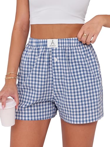 Image of ANRABESS Boxer Shorts for Women Gingham Pajama 2026 Summer Casual Lounge Sleep Plaid Shorts Y2K Beach Bottoms