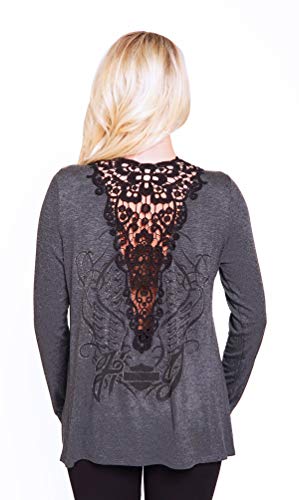 Harley-Davidson Womens Rising Wings with B&S Crochet Trim Cardigan Charcoal Long Sleeve Sweater