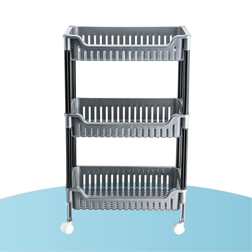 Image of Kuber Industries Plastic Multipurpose Trolley with Wheels | 3 Layer Storage Organizer for Household, Office, Bedroom, Kitchen, Living Room & Bathroom | Shelf Rack - Grey