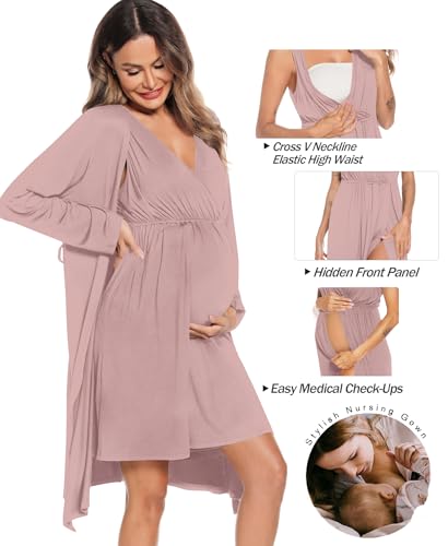 Image of SWOMOG Women Maternity Nursing Gown and Robe Set 3 in 1 Labor Delivery Nursing Nightgown for Breastfeeding Hospital Bathrobe
