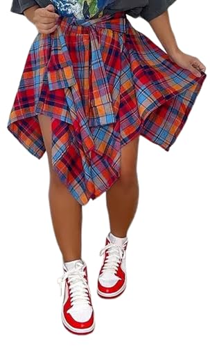 Womens Plaid Skirt Elastic High Waist Bow Tie Front Stretch Irregular Hem Pleated Mini Skirts with Belt Multicolor