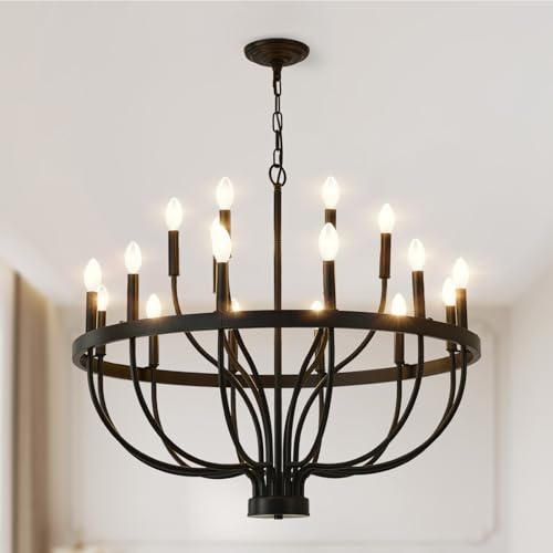 VBKK Black Farmhouse Chandelier 32-Inch, 18-Light Dining Room Chandelier, Modern Industrial Candle Chandeliers for Living Room Entryway Foyer E12 by VBKK - Used condition - US$142.49
