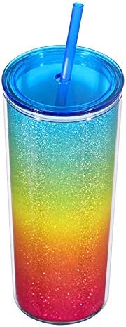 Home Tune Rainbow Tumbler with Straw, Sand Flow Glitter Double Wall Acrylic Cup Tumbler, 21 oz / 640ml (Blue) - Image 2
