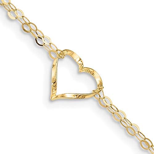 Gold Ankle Bracelets for Women-14k Yellow Gold Double Strand Heart 9 Inch Plus 1 Adjustable Chain Size Extender Anklet Ankle Beach Bracelet Love Fine Jewelry Gifts For Her