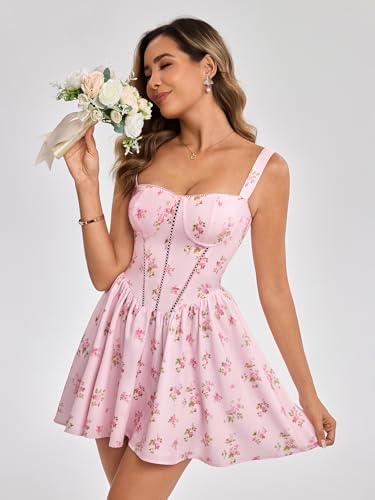 Image of KUTUMAI Floral Corset Mini Dress Summer Flowy A Line Smocked Short Dresses for Women 2025 Sundress with Pockets