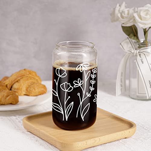 Coolife Floral Iced Coffee Cup - 16Oz Can Shaped Drinking Glass Cup W/Bamboo Lid Straw - Aesthetic Cups, Glass Coffee Tumbler, Flower Glass Cups For Beer Smoothie - Birthday Aesthetic Gifts For Women #TOP6