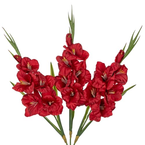 Oairse Lot de 3 fleurs artificielles de glaïeul bordeaux en soie avec tiges pour vase, printemps, été, décoration d'intérieur, décorations florales artificielles...