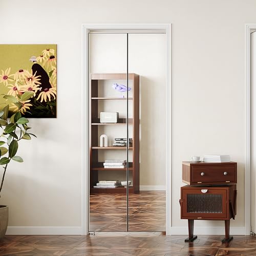 Image of Bifold Door for 30 inchx80 inch Opening, Preassembled Aluminum Alloy Mirrored Folding Door with Hardware Kit Included, Interior Bi fold Barn Door for Bedroom & Closet, Black