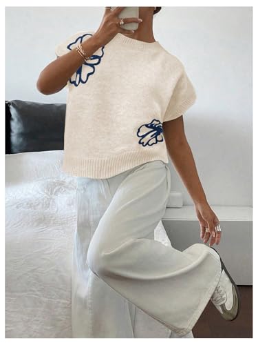 Image of SOLY HUX Women's Short Sleeve Sweater 3D Floral Sweaters Pullover Tank Tops Knit Vest Trendy Fashion Clothing
