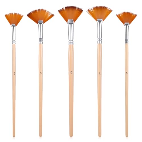 HJZHII 5 Pcs Fan Brush for Painting Artist Fan Paint Brushes Set Anti-Shedding Acrylic Paint Brushes Long Wood Handle Painting Brush for Acrylic Oil Watercolor Gouche