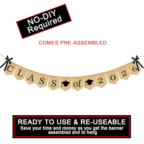 Image of Burlap Class of 2026 Graduation Banner - No DIY Required | Rustic Vintage Graduation Decorations Sign for College Grad Party and High School Grad Party Supplies 2026