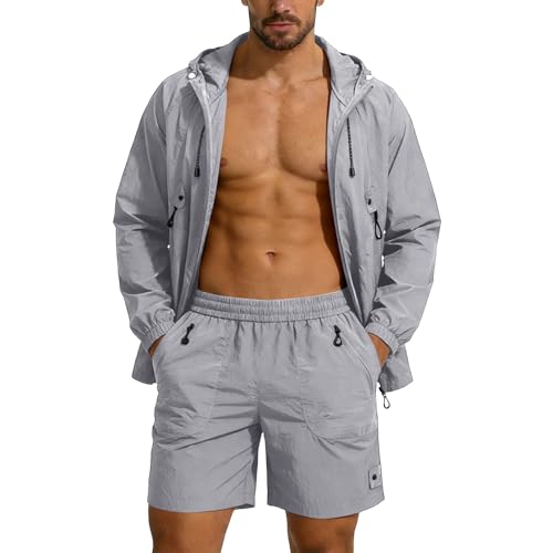 Summer 2 Piece Sun Protection Outfits Men Lightweight Outdoor Sets Full Zip UPF 50+ Hooded Shirts & Shorts Set Gray