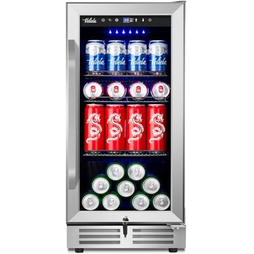 15'' Beverage Refrigerator and Beer Fridge Under Counter Built-in or Freestanding,127 Cans Beverage Cooler with Glass Door and Lock for Bottles and Ca