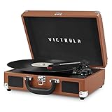 victrola vintage 3-speed bluetooth suitcase turntable with speakers, cognac