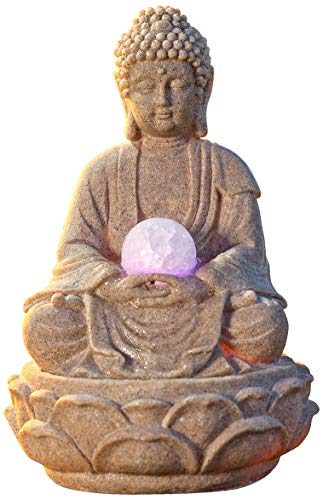 pajoma® Buddha Lotus Zimmerbrunnen mit LED-Kugel H 30 cm – Meditationsbrunnen für Innen & Außen | Lichtspiel & Wasserklang – Ruhespender mit...