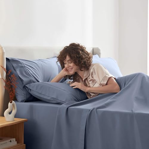Image of Nestl Extra Deep Full Sheet Set - 6 Piece Breathable & Cooling Sheets - Hotel Luxury Bedding Set w /18-24 Inch Deep Pockets - Easy & Secure Fit - Super Soft, Wrinkle Free & Comfy - Stone Blue
