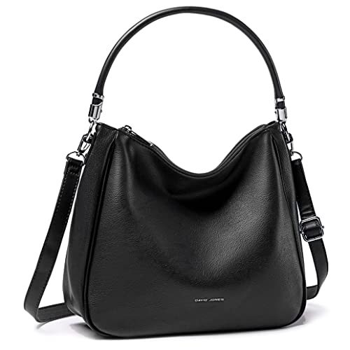 David Jones - Damen Schultertasche Hobo - Mittelgroße Umhängetasche Weich PU Leder Frau - Shopper Handtasche Lange Henkel - Klassische Tasche Alltag Beuteltasche - Einfache Henkeltasche - Schwarz