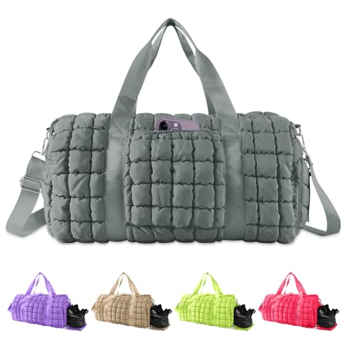 Image of Quilted Travel Duffle Bag Gym Bag for Women,Large Puffer Duffle Weekender Bag with Compartment,Workout Overnight Carry on Organizer Bag Duffle Bag for Airplane Travel(Grey)