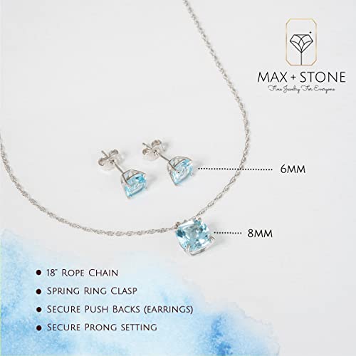 Max + Stone 925 Sterling Silver Cushion Cut Swiss Blue Topaz Jewelry Set For Women December Birthstone Stud Earrings And Pendant Necklace On 18 Inch Chain 6Mm & 8Mm #TOP2