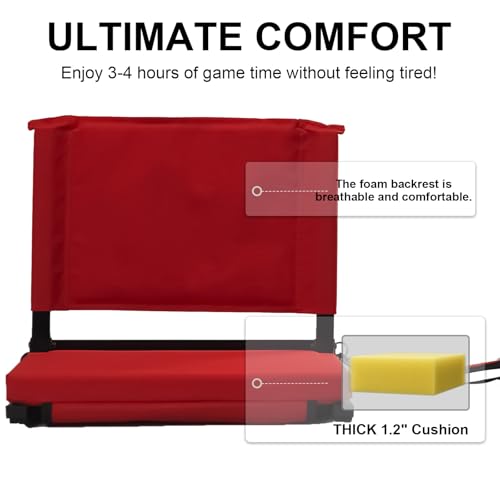 Image of Stadium Seats with Back Support for Bleachers, Folding Bleacher Chairs with Back and Cushion, Padded Seat with Shoulder Strap, Large Mesh Pocket & Carry Handle, Red, 2pcs