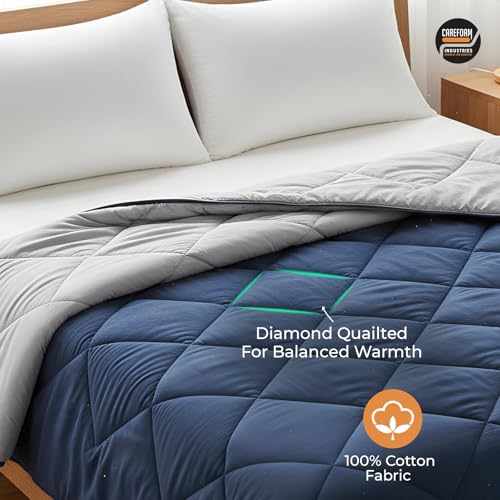 Image of CareFoam Premium AC Comforter Reversible 220 GSM Microfiber Soft| All-Season Thermal Quilt | Lightweight & Fluffy AC Blanket for Cozy Warmth | Double Bed 90 x 100 | Navyblue & Grey