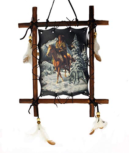Framed Indian on Horse with Wolf Picture Native American Art 9 x 11 (Including Frame) Reproduction