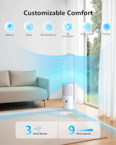 Image of U ULTTY Bladeless Fan with Air Purifier, Quiet Tower Fan with Remote, Touch, 9 Speeds, 8H Timer, HEPA Filter 99.97%, 90 Oscillation Fans, Floor Fans Powerful for Home Office Room, CR022D White