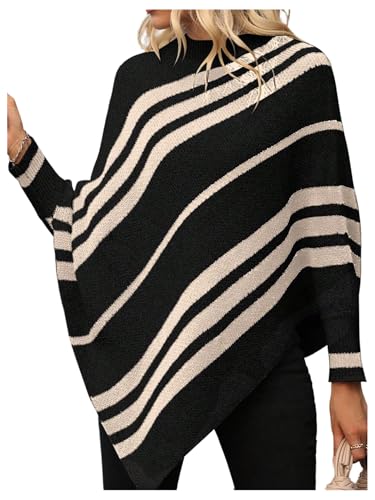 Milumia Women's Striped Mock Neck Knitted Poncho Sweater Dolman Long Sleeve Loose Tops