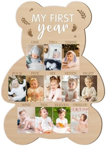 My First Year Bear Wooden Photo Board, Baby Milestone Frame, 1-12...