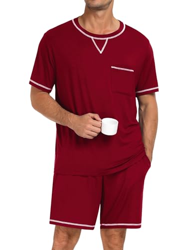 Image of SWOMOG Mens Pajamas Set Summer Sleepwear Short Sleeve Pjs Set Soft 2 Piece Lounge Set Comfy Loungewear with Pockets