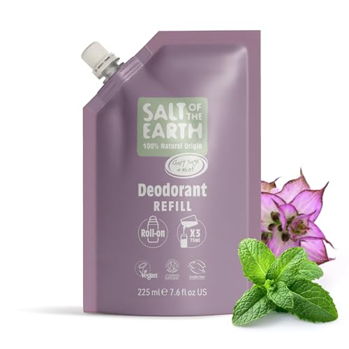 Salt of the Earth - Ricarica per Deodorante Roll On Naturale, x3 Utilizzi - Salvia Sclarea & Menta - Vegano, Protezione a Lunga Durata, Certificato Leaping Bunny, Prodotto nel Regno Unito - 225ml