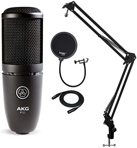 AKG P120 Recording Microphone with Knox Gear Boom Arm, Pop Filter and XLR Cable Bundle (4 Items)