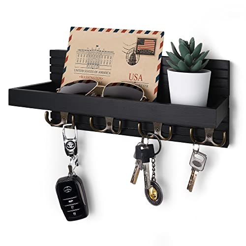 Naumoo Black Wooden Key Holder - Wall Mounted Mail Organizer And Key Hanger - Modern Farmhouse Entryway Shelf With 4 Double Brass Hooks - Decorative Rack For Car Keys, Wallet #TOP8