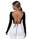 DIDK Damen Rückenfrei Bauchfrei T-Shirts Crop Oberteil Criss-Cross Langarmshirts Rundhals Pullover Schwarz XS