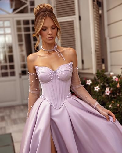 Corset Prom Dresses 2025 Strapless Beaded Satin A-Line Puffy Long Ball Gowns for Women with Slit3