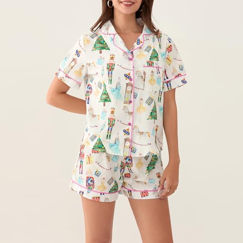 Luckinbaby Women Christmas Satin Pajamas Shorts Set Xmas Print 2 Piece Outfits Set Short Sleeve Button Shirts Pj Shorts Set3