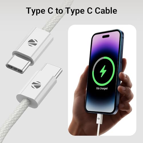 Image of Zebronics Wattz 240CC1 Type-C to Type-C Braided Cable, PD 240W, 2 Meter, Durable, Charge & Sync, Rapid Charging, For Laptops, Tablets, Mobiles (White)