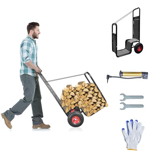 KAIDIDA Carrito de leña para exteriores con ruedas de goma neumáticas, gran capacidad de carga, carros de fuego portátiles de acero resistente y duradero, 44 x 27 x 20 pulgadas, transportador de