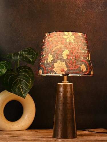 Image of Green Girgit Copper Etched V-Shaped Lamp with Taper Muticolor Blue Shade | Galvanized Iron Bedside Night & Reading Table Lamp | Metal Handcrafted Lamp | Living Room & Home Decor Item
