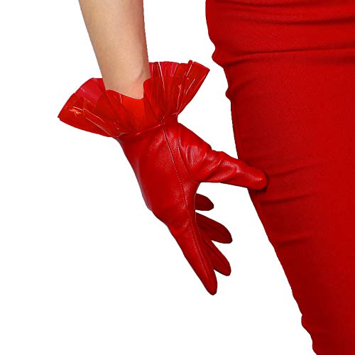 DooWay Fashion Short Leather Gloves for Women Dressy Costume Faux Lambskin Novelty PVC Ruffle Trim Red 25cm/10inch