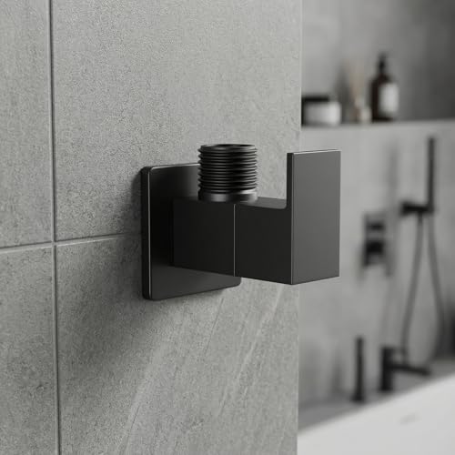 Image of InArt Wall Mounted Brass Angle Valve for Bathroom & Kitchen | Angle Stop Cock with Wall Flange | 80x40x48mm, Black Finish - 5 Year Warranty