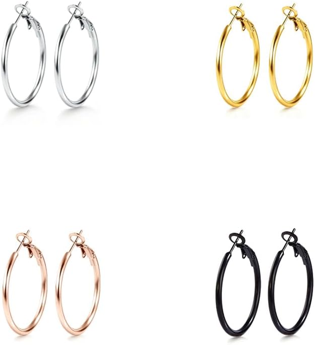 Newless 4 Pairs Large Hoop Earrings for Women, Stainless Steel Earring Set Gold Silver Rose Gold Black Lightweight Hoops