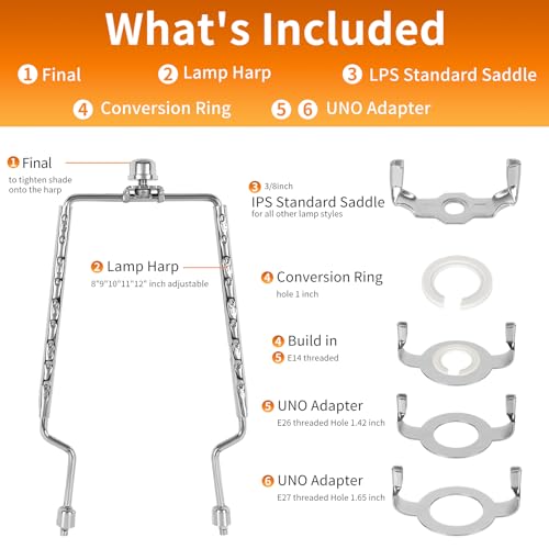 Image of Lamp Harp Kit,Adjustable Lamp Shade Holder, harp and finial for lamp,Lamp Shade Holder Fits 8 9 10 11 12 inch Shades, with Lamp Rod and E14 E26 E27 Light Base UNO Fitter Adapter Converter Finial Set
