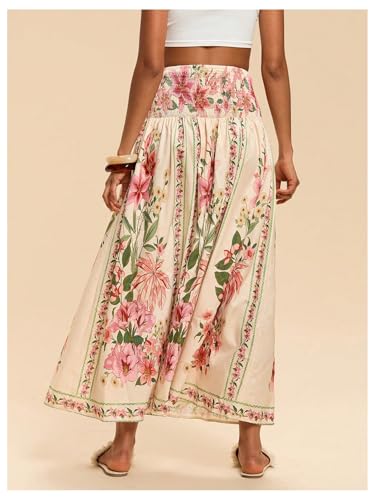 MakeMeChic Women's Floral Maxi Skirt High Waist Ruched Ruffle Shirred Flare Boho Skirts3